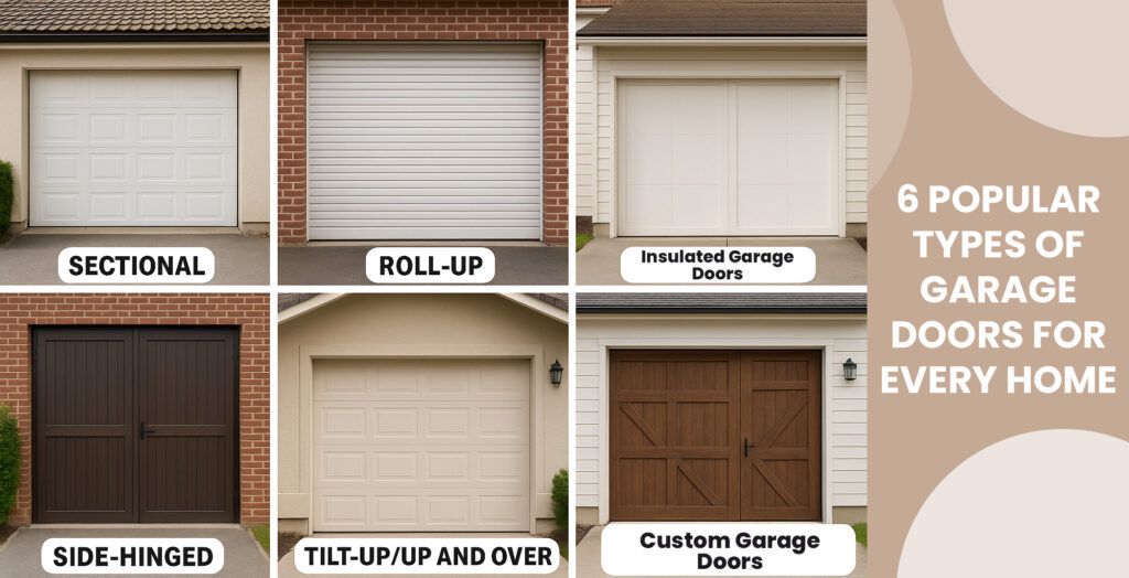 Infographic showing 6 popular types of garage doors, highlighting garage roller doors and automatic garage door options in Prestons, New South Wales, Australia, provided by SAMT Garage & Gate Automation.