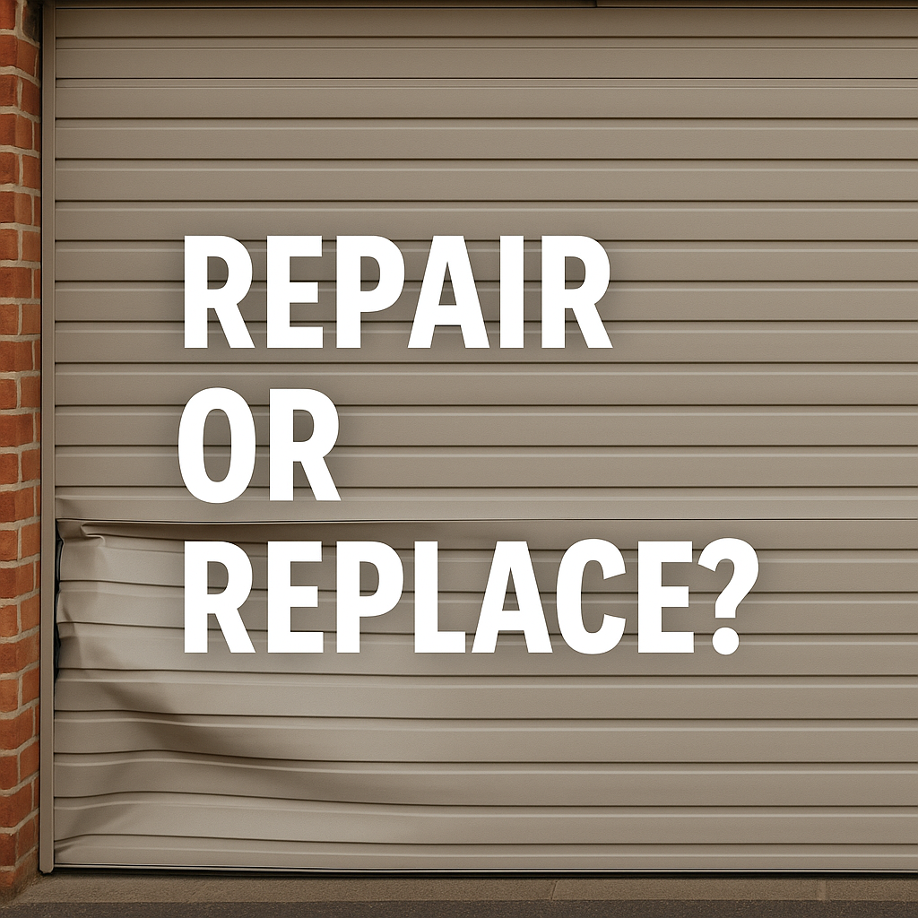 Damaged roller garage door showing dent, suitable for repair or replacement service by SAMT Garage & Gate Automation in Prestons, New South Wales, Australia.