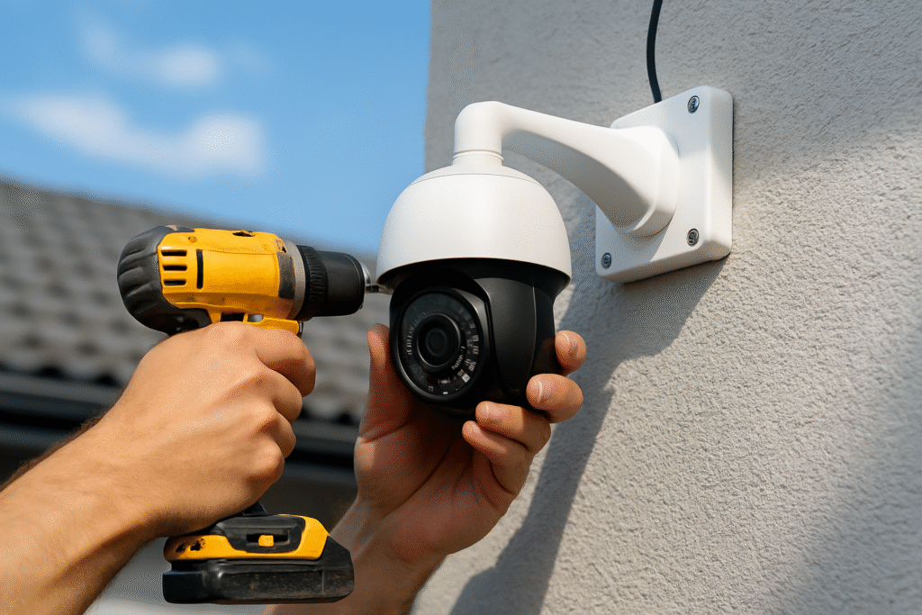 Person installing an outdoor security surveillance camera on a wall with a cordless drill, in Prestons, New South Wales, Australia.