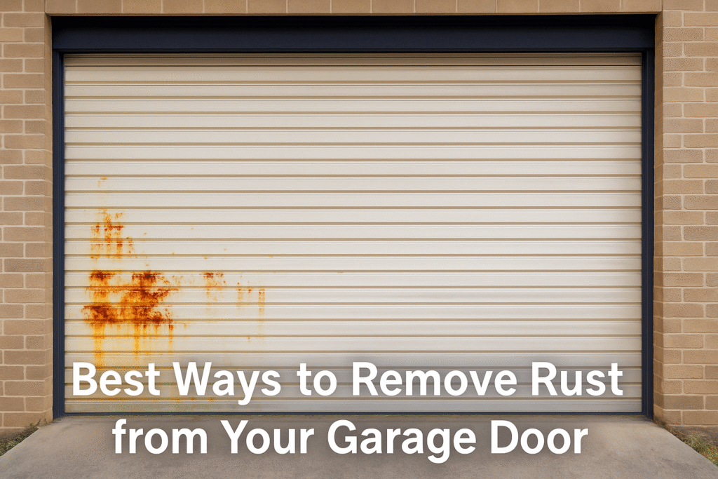 Damaged roller garage door showing dent, suitable for repair or replacement service by SAMT Garage & Gate Automation in Prestons, New South Wales, Australia.