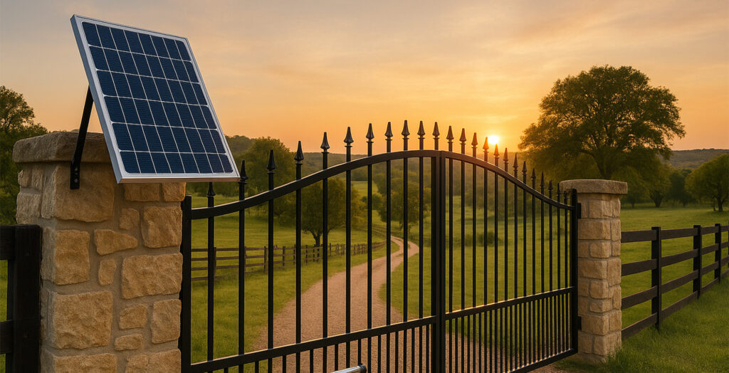 Solar-powered automated wrought iron driveway gate at sunset, with rural landscape in Prestons, New South Wales, Australia