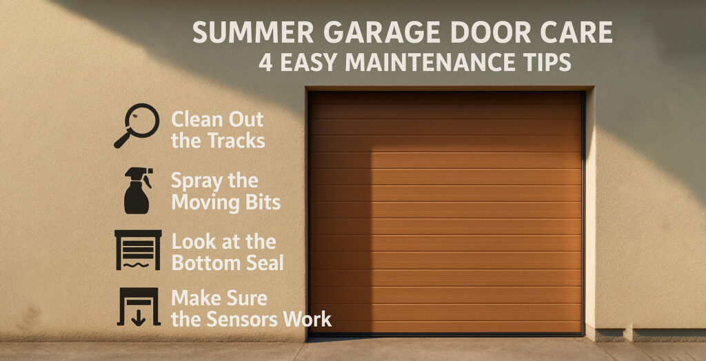 Summer garage door care maintenance tips graphic with checklist and icons, displayed on a closed garage in Prestons, New South Wales, Australia.