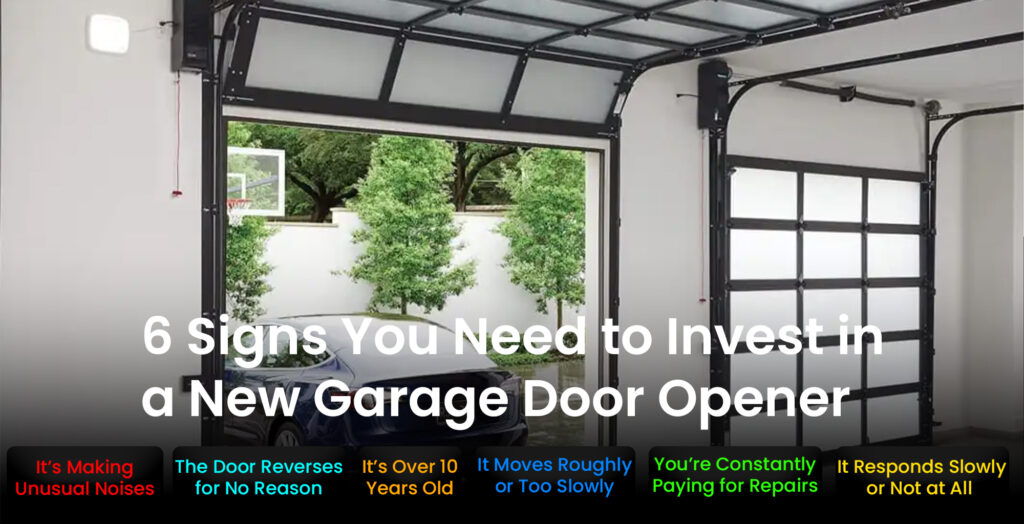 Open garage interior with a parked car and text listing the top 6 signs to upgrade your garage door opener, for smart garage door opener solutions in Prestons, New South Wales, Australia by SAMT Garage & Gate Automation.
